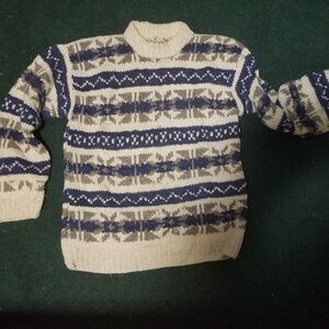 Men's Cream and Navy Patterned Knit Sweater WOOL